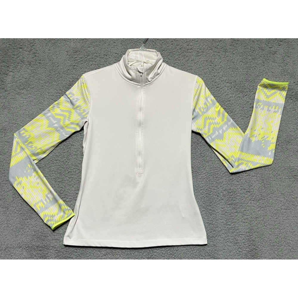 Nike Pro Dri-Fit 1/2 Zip Long Sleeve Running Shirt Size M White Neon Yellow Gray